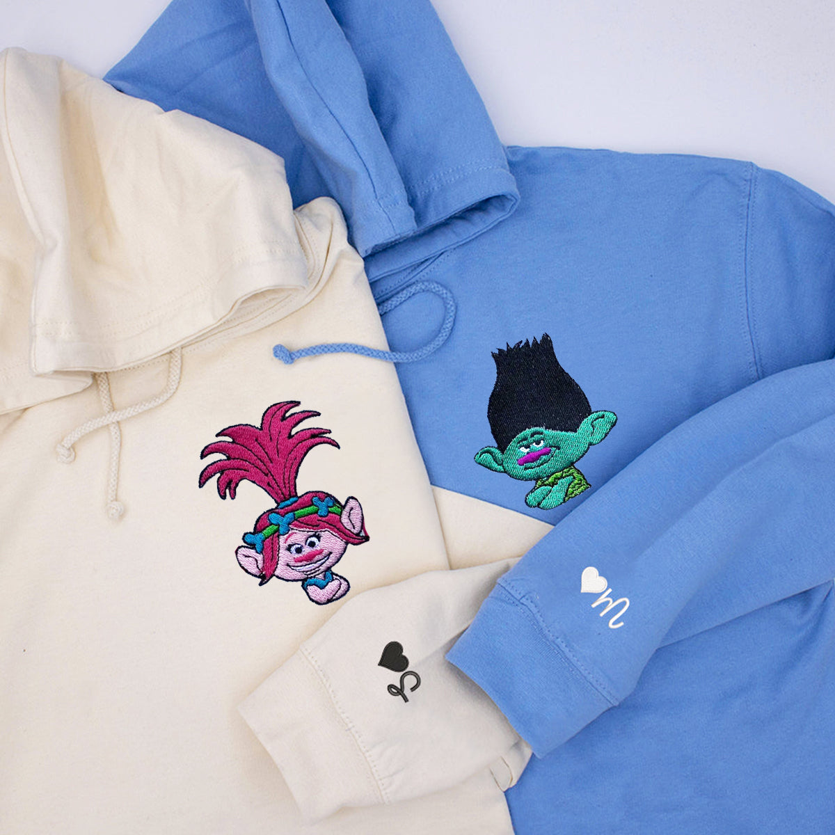 Custom Embroidered Hoodies & Sweatshirts for Couples with Initials, Happy Forest-Inspired Character Pair