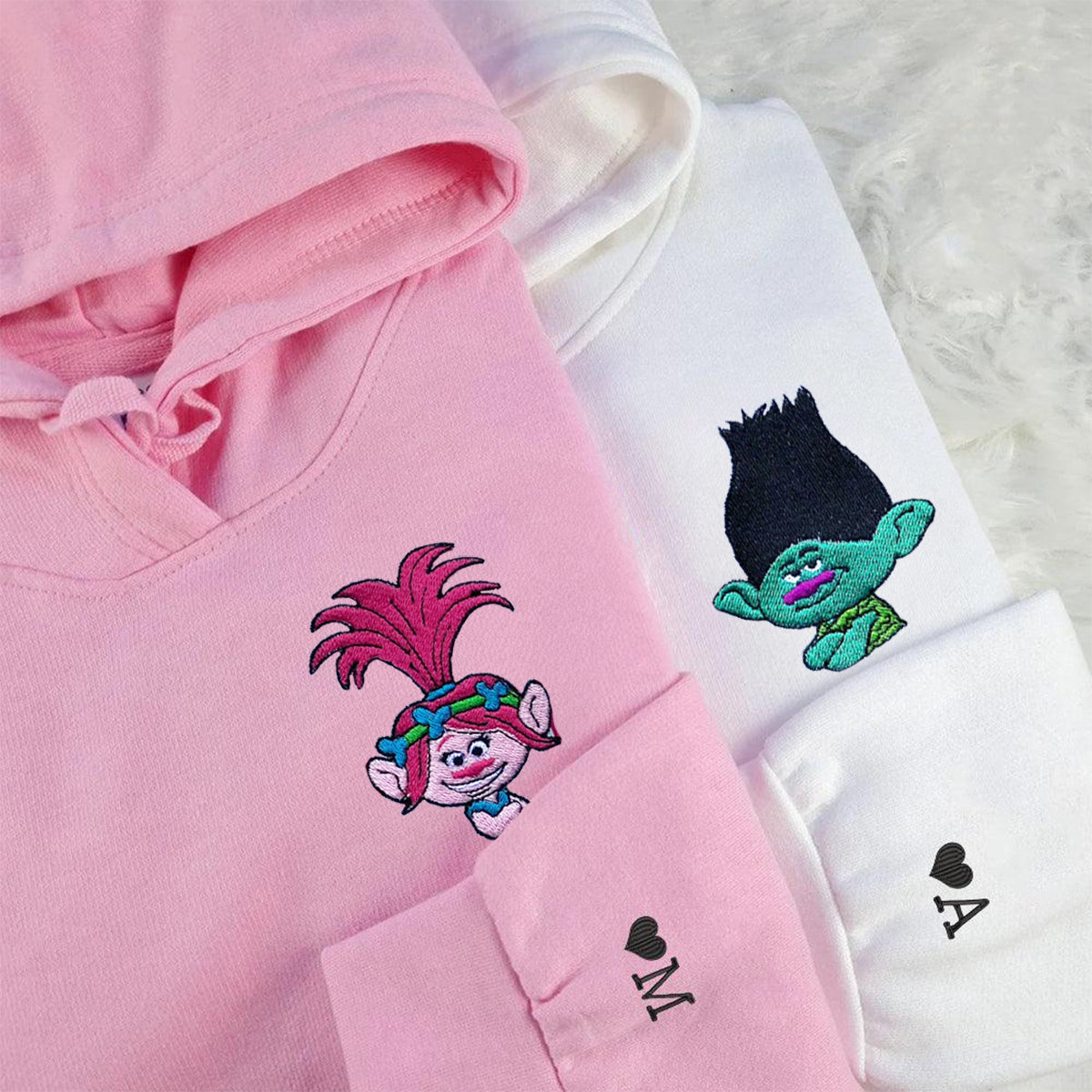 Custom Embroidered Hoodies & Sweatshirts for Couples with Initials, Happy Forest-Inspired Character Pair