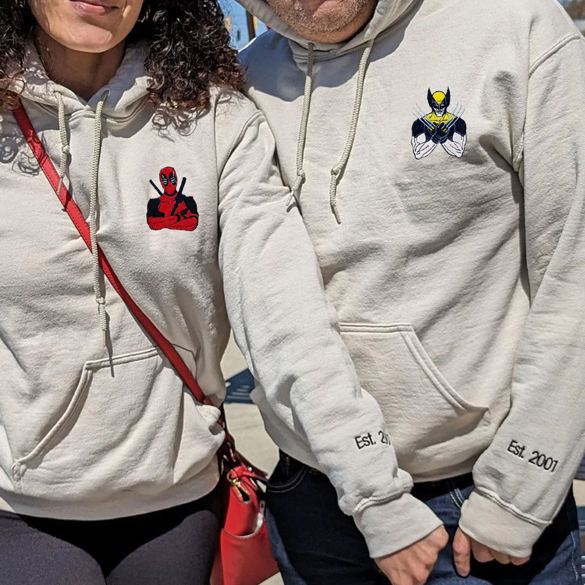 Custom Embroidered Hoodies & Sweatshirts for Couples with Initials, Heroic Action Cartoon Character Pair