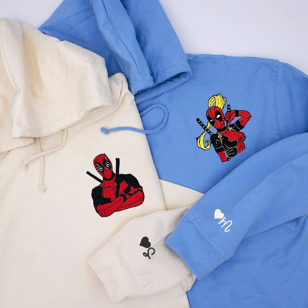 Custom Embroidered Hoodies & Sweatshirts for Couples with Initials, Heroic Action Cartoon Character Pair V2