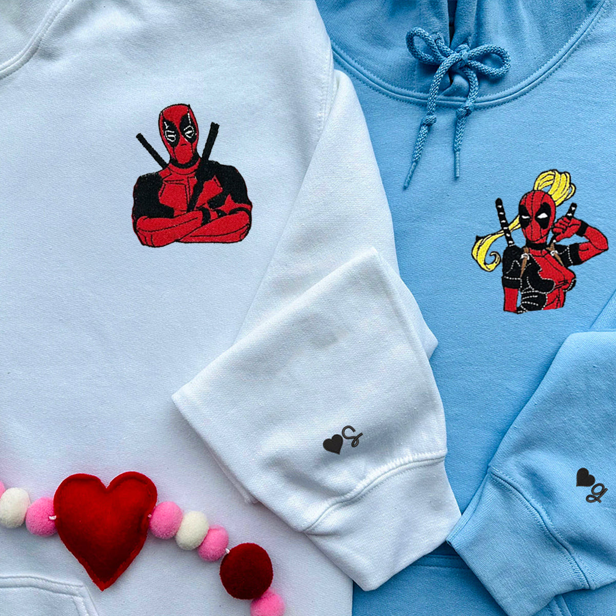 Custom Embroidered Hoodies & Sweatshirts for Couples with Initials, Heroic Action Cartoon Character Pair V2