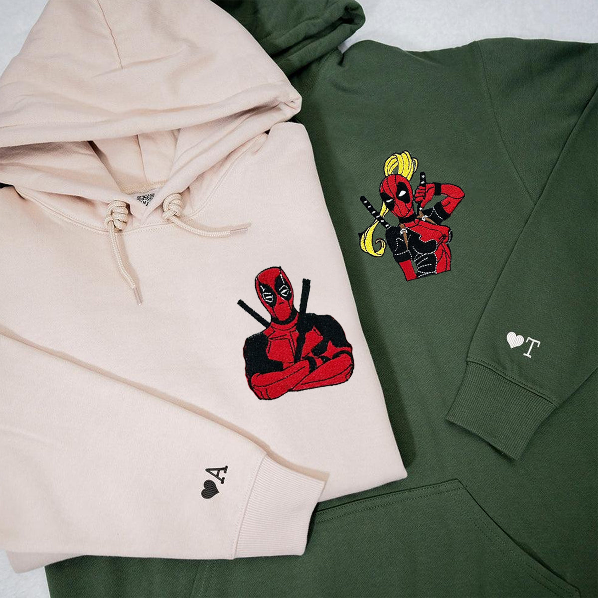 Custom Embroidered Hoodies & Sweatshirts for Couples with Initials, Heroic Action Cartoon Character Pair V2