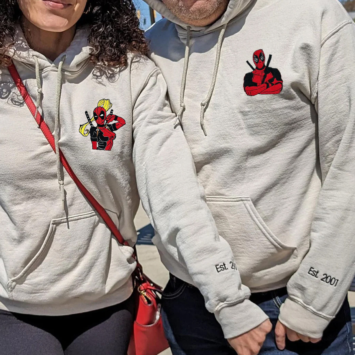 Custom Embroidered Hoodies & Sweatshirts for Couples with Initials, Heroic Action Cartoon Character Pair V2