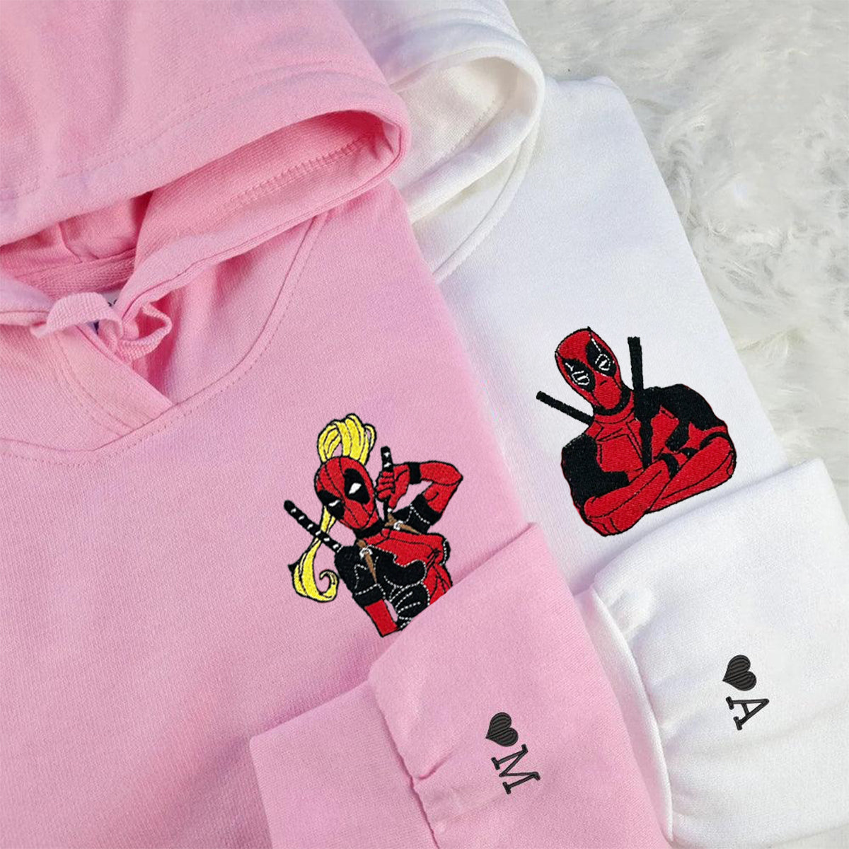 Custom Embroidered Hoodies & Sweatshirts for Couples with Initials, Heroic Action Cartoon Character Pair V2