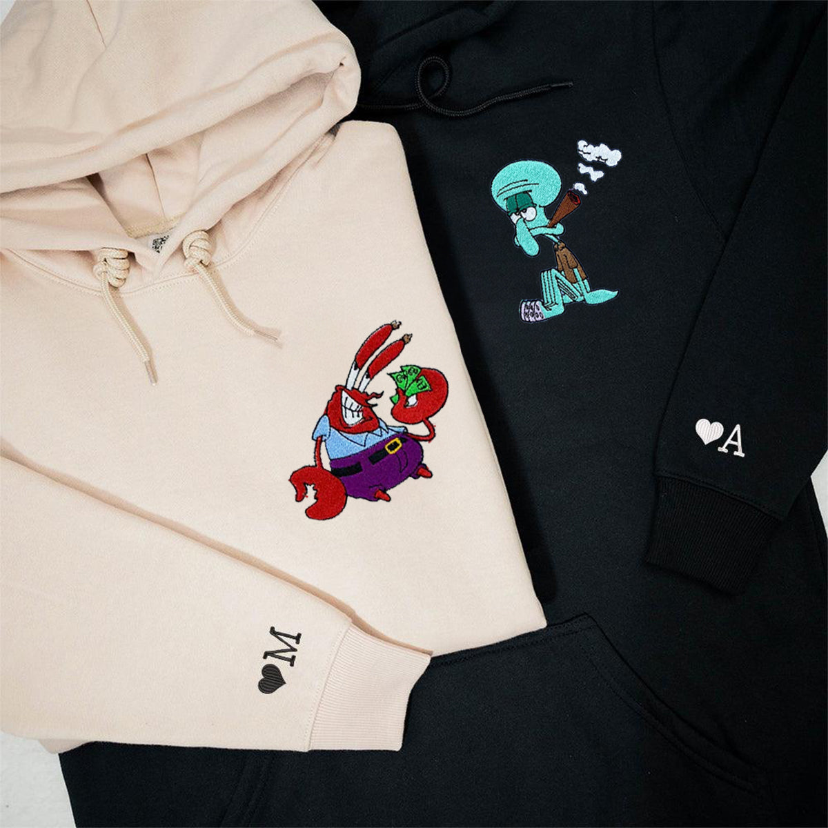 Custom Embroidered Hoodies & Sweatshirts for Couples with Initials, Humorous Sea Creature Cartoon Couple Design