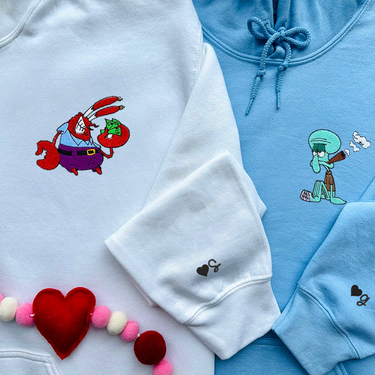Custom Embroidered Hoodies & Sweatshirts for Couples with Initials, Humorous Sea Creature Cartoon Couple Design