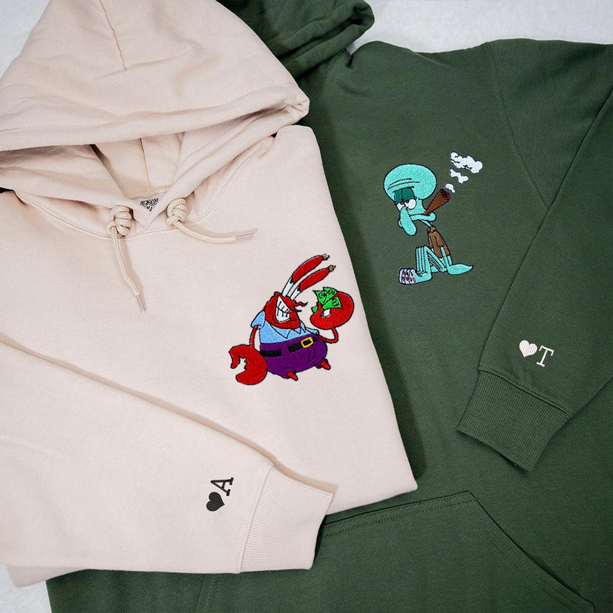 Custom Embroidered Hoodies & Sweatshirts for Couples with Initials, Humorous Sea Creature Cartoon Couple Design