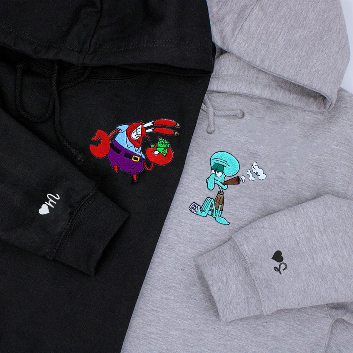 Custom Embroidered Hoodies & Sweatshirts for Couples with Initials, Humorous Sea Creature Cartoon Couple Design