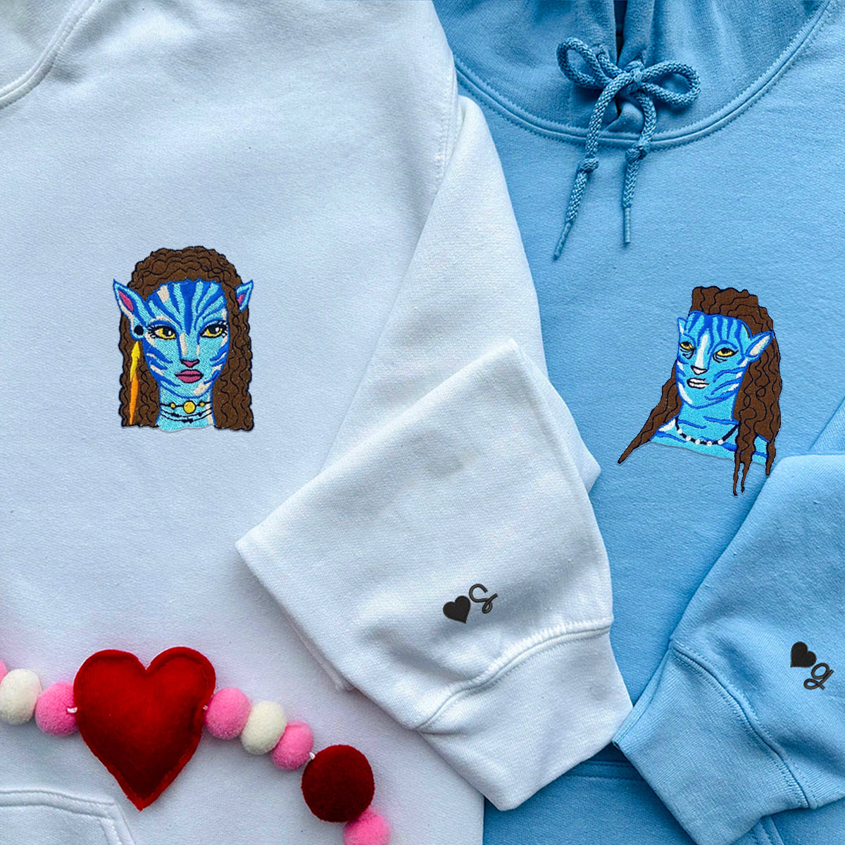 Custom Embroidered Hoodies & Sweatshirts for Couples with Initials, Mystical Alien Romance-Inspired Embroidery