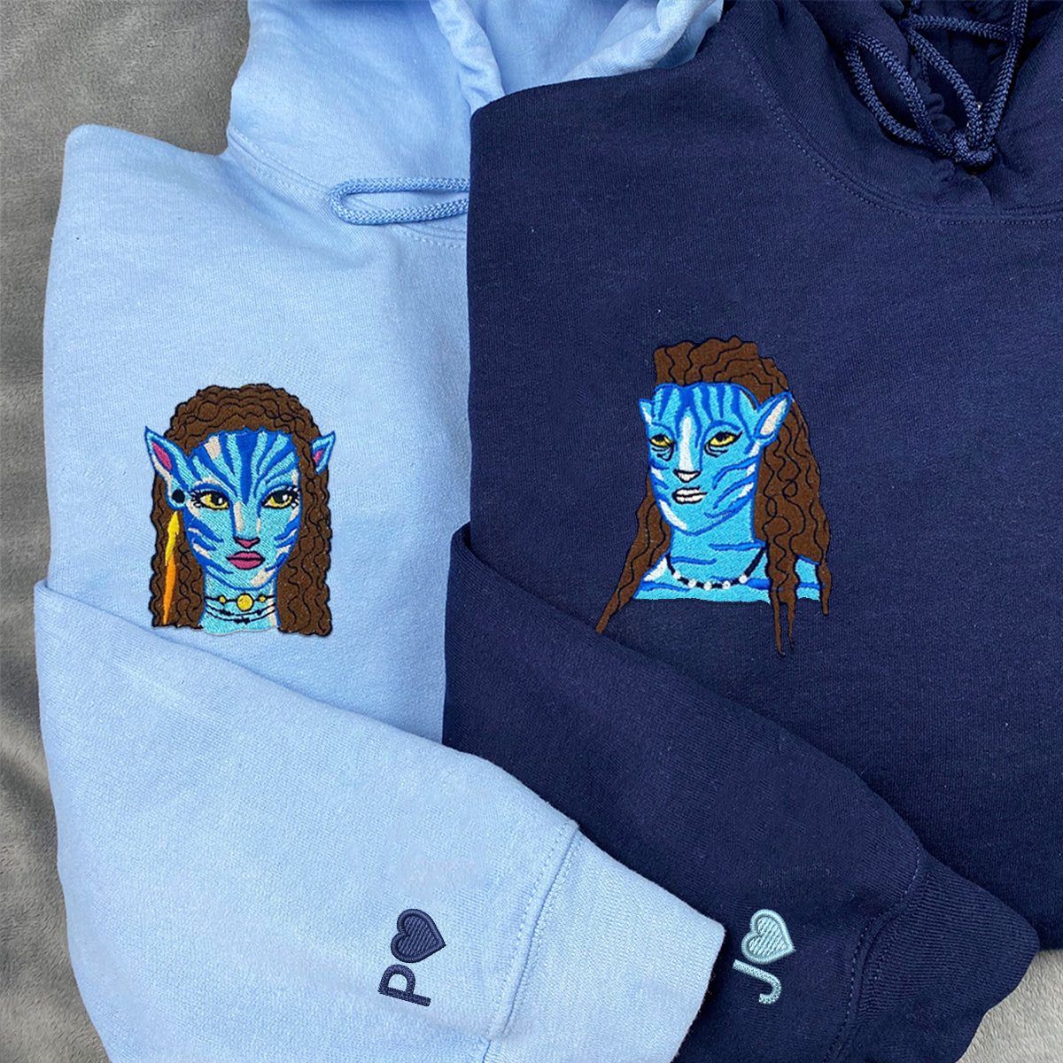 Custom Embroidered Hoodies & Sweatshirts for Couples with Initials, Mystical Alien Romance-Inspired Embroidery