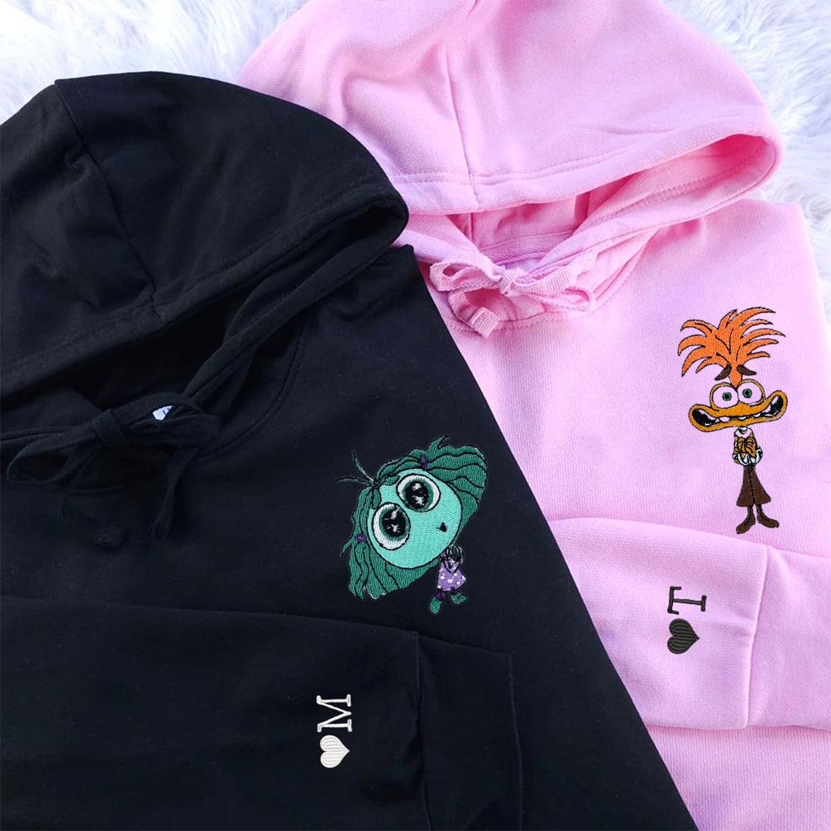 Custom Embroidered Hoodies & Sweatshirts for Couples with Initials, Playful Animation-Inspired Couple Set