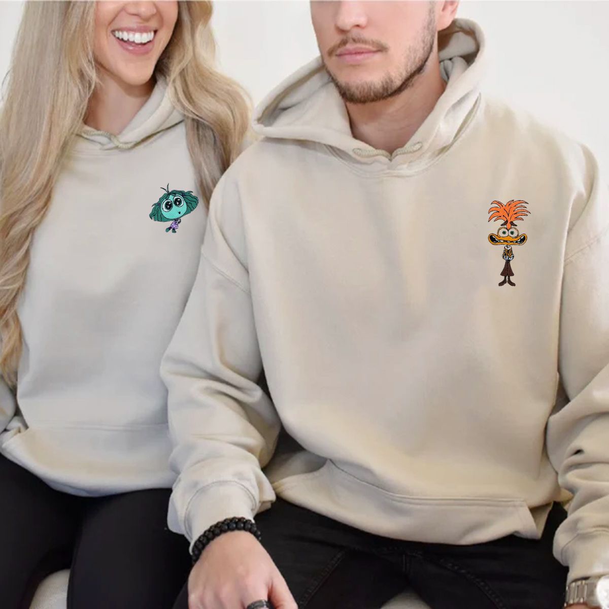 Custom Embroidered Hoodies & Sweatshirts for Couples with Initials, Playful Animation-Inspired Couple Set