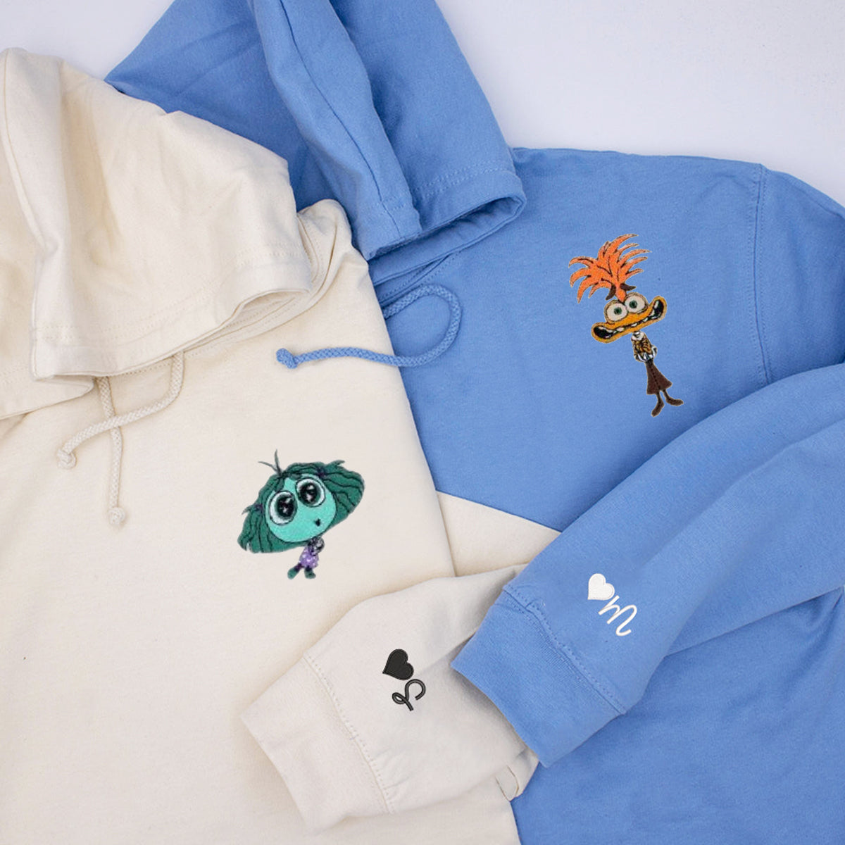 Custom Embroidered Hoodies & Sweatshirts for Couples with Initials, Playful Animation-Inspired Couple Set