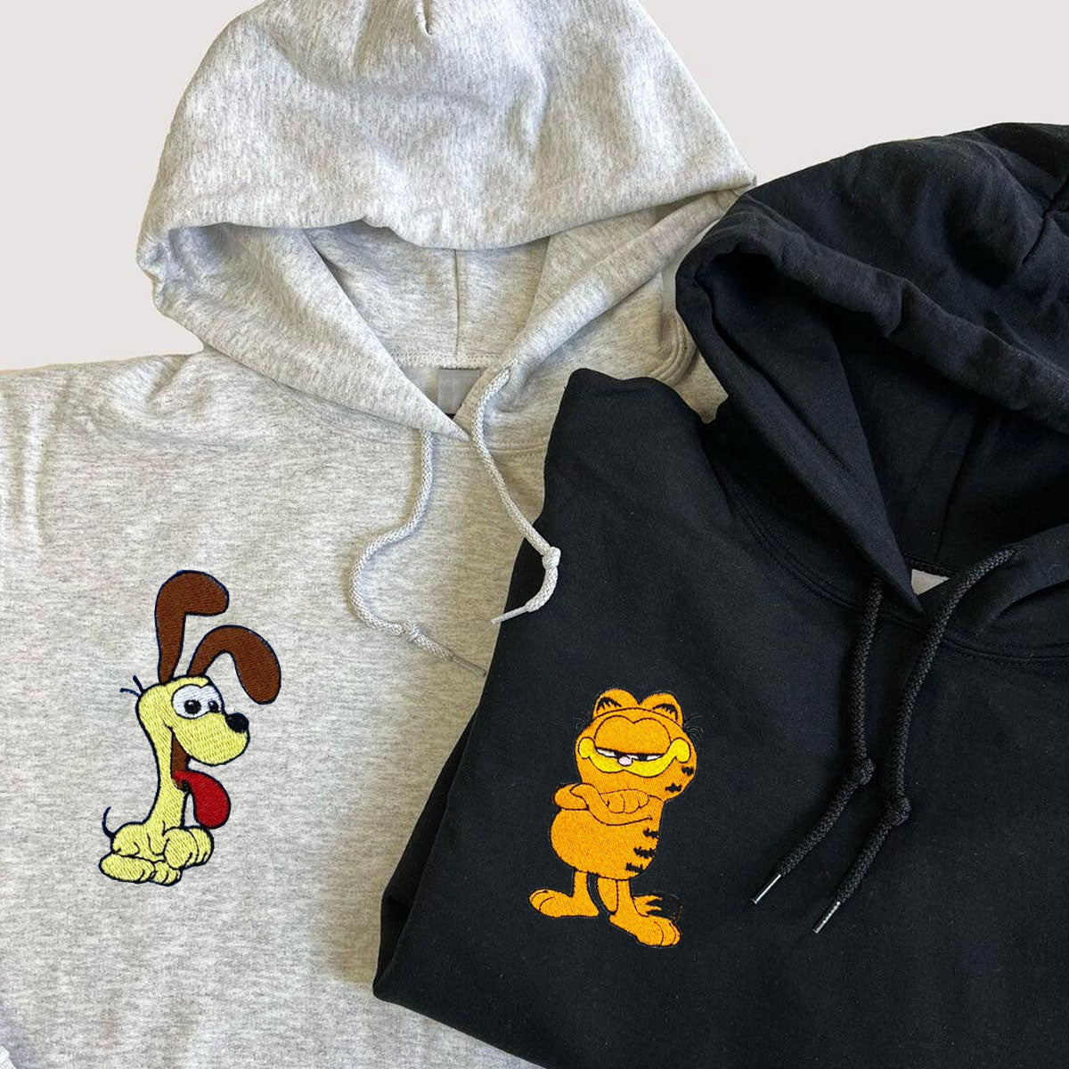 Custom Embroidered Hoodies & Sweatshirts for Couples with Initials, Playful Cat & Dog Duo Embroidery Set