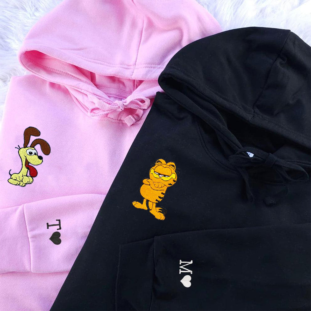 Custom Embroidered Hoodies & Sweatshirts for Couples with Initials, Playful Cat & Dog Duo Embroidery Set