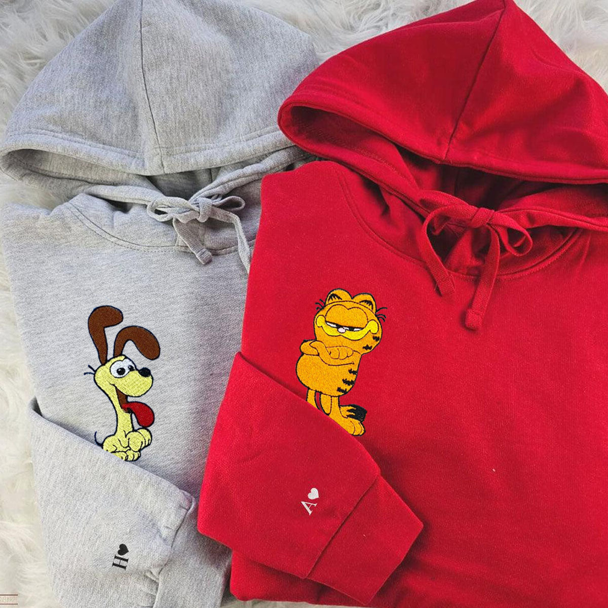 Custom Embroidered Hoodies & Sweatshirts for Couples with Initials, Playful Cat & Dog Duo Embroidery Set