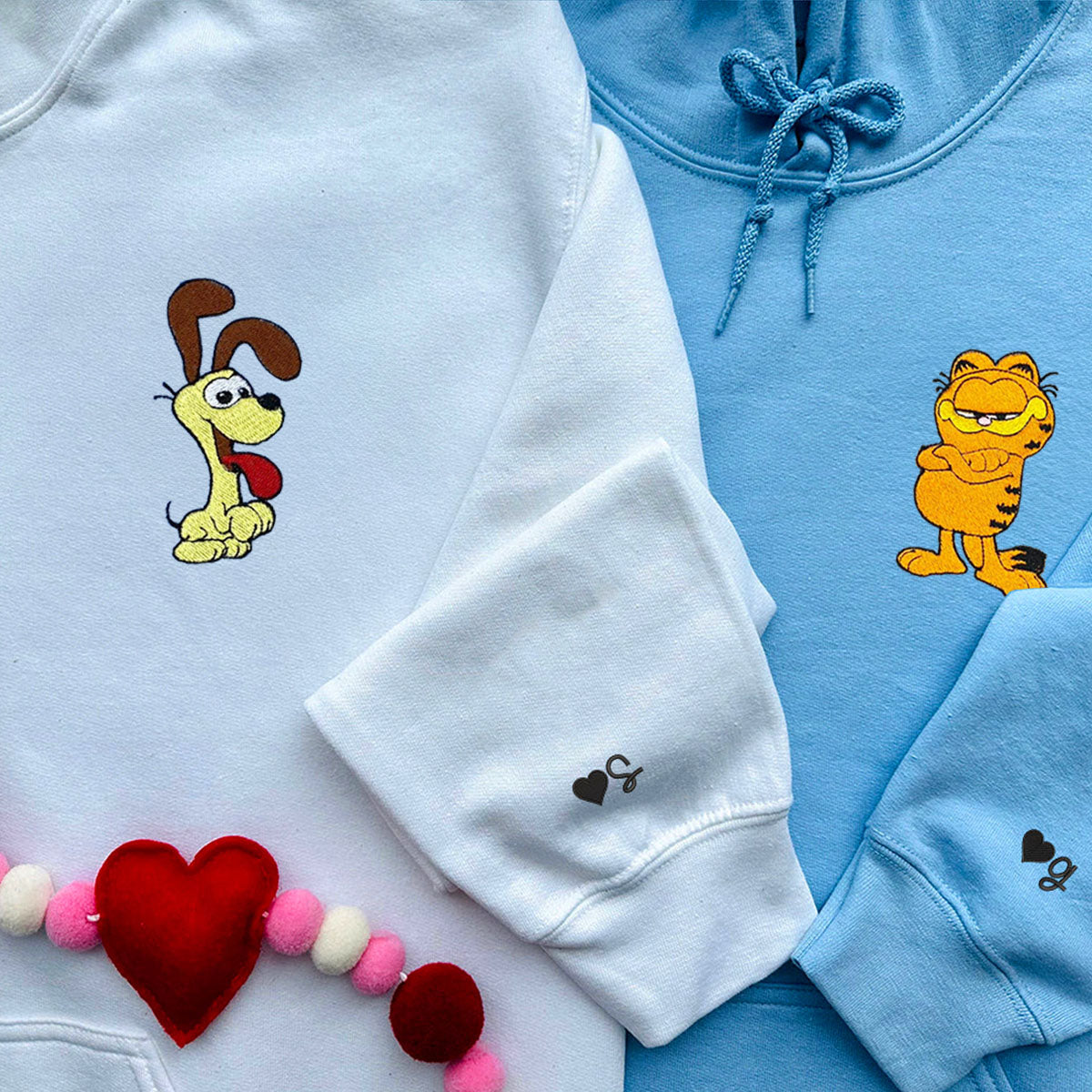 Custom Embroidered Hoodies & Sweatshirts for Couples with Initials, Playful Cat & Dog Duo Embroidery Set