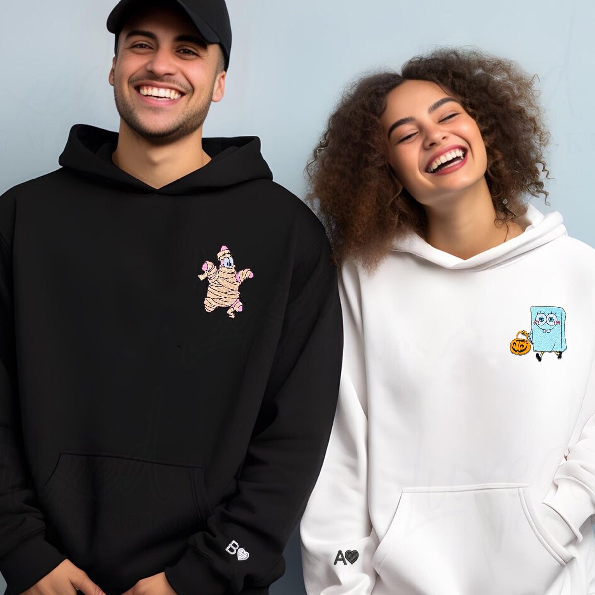Custom Embroidered Hoodies & Sweatshirts for Couples with Initials, Playful Halloween Costume Friends Set