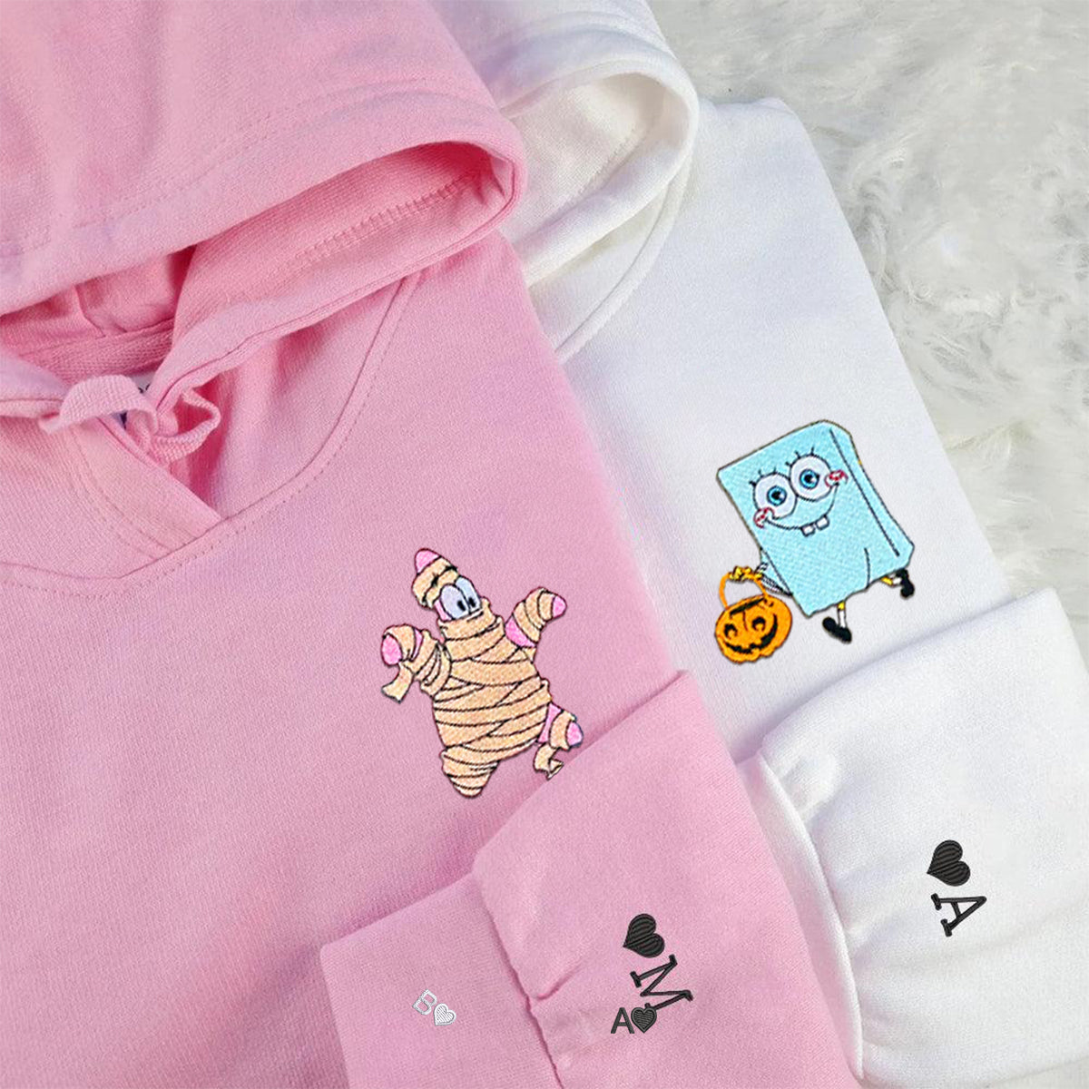 Custom Embroidered Hoodies & Sweatshirts for Couples with Initials, Playful Halloween Costume Friends Set