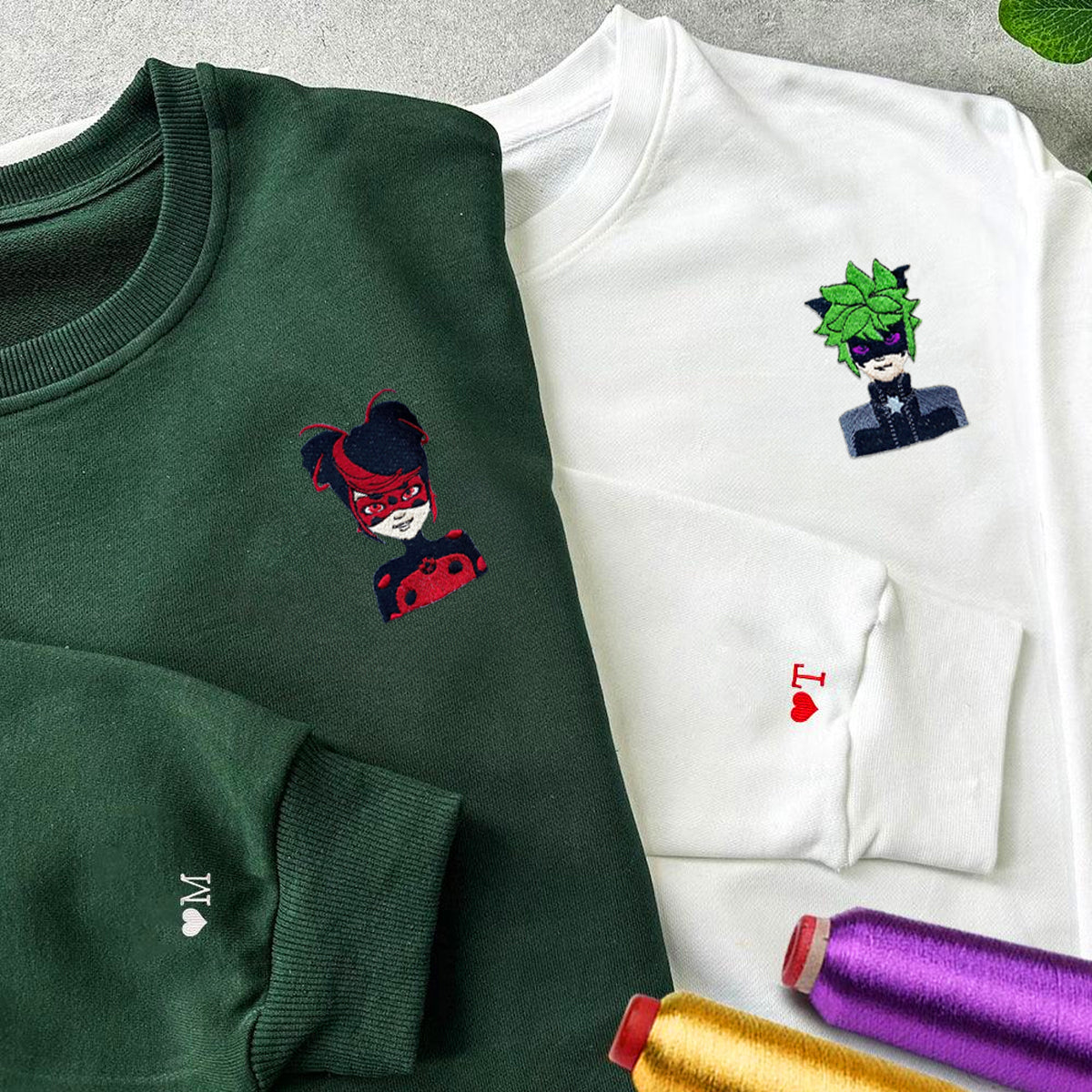 Custom Embroidered Hoodies & Sweatshirts for Couples with Initials, Red & Green Masked Hero Pair Set