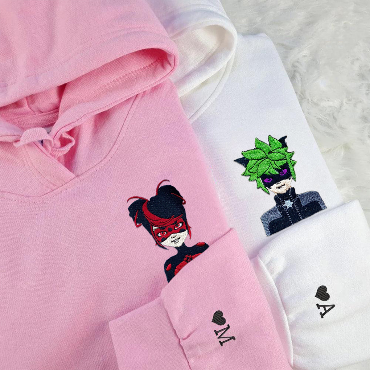 Custom Embroidered Hoodies & Sweatshirts for Couples with Initials, Red & Green Masked Hero Pair Set