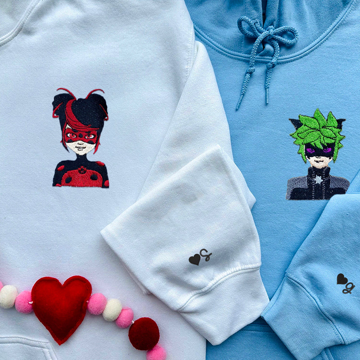 Custom Embroidered Hoodies & Sweatshirts for Couples with Initials, Red & Green Masked Hero Pair Set