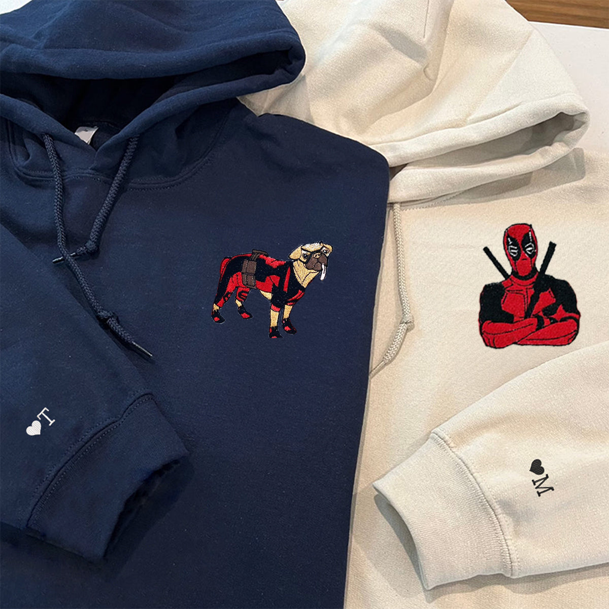 Custom Embroidered Hoodies & Sweatshirts for Couples with Initials, Red Masked Hero & Pup Matching Set