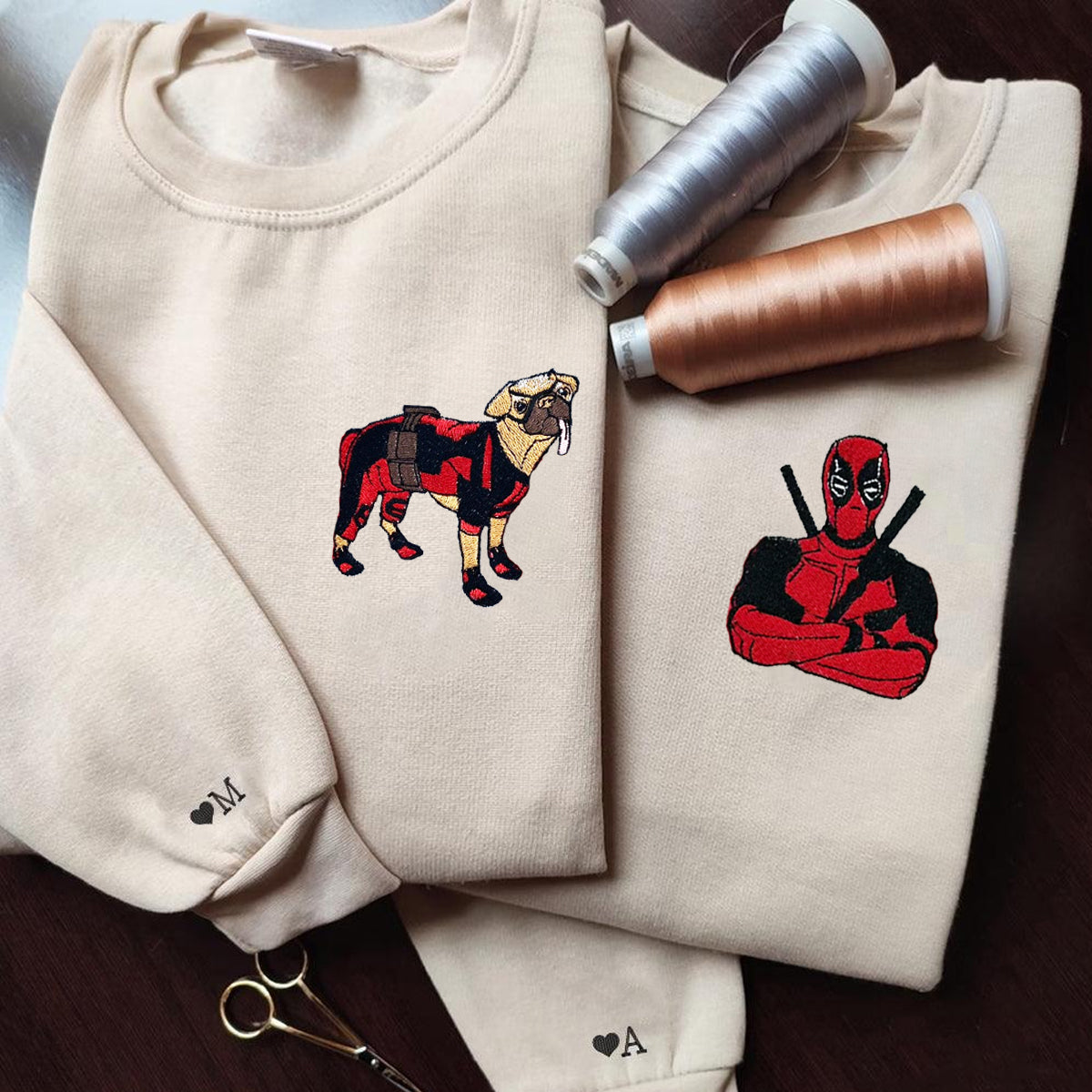 Custom Embroidered Hoodies & Sweatshirts for Couples with Initials, Red Masked Hero & Pup Matching Set