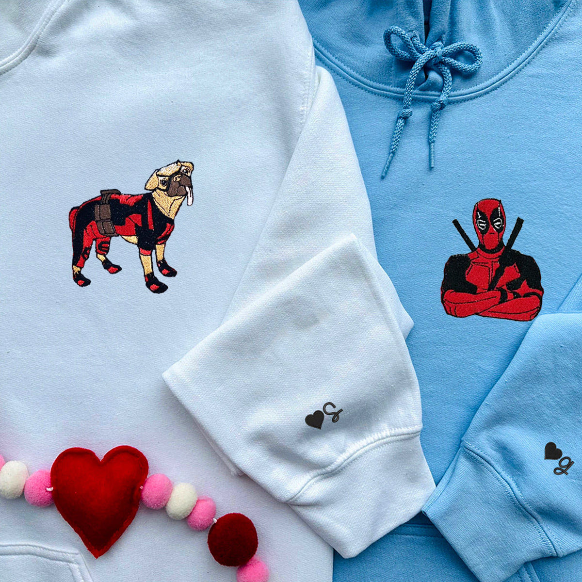 Custom Embroidered Hoodies & Sweatshirts for Couples with Initials, Red Masked Hero & Pup Matching Set