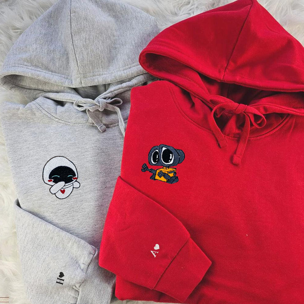Custom Embroidered Hoodies & Sweatshirts for Couples with Initials, Romantic Cartoon Robot Duo Set