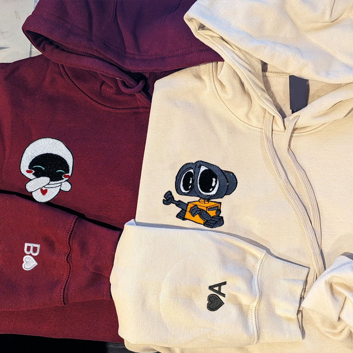 Custom Embroidered Hoodies & Sweatshirts for Couples with Initials, Romantic Cartoon Robot Duo Set