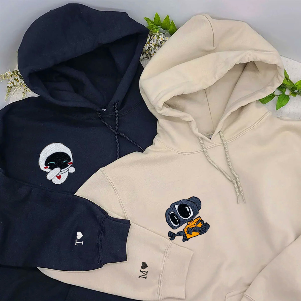 Custom Embroidered Hoodies & Sweatshirts for Couples with Initials, Romantic Cartoon Robot Duo Set