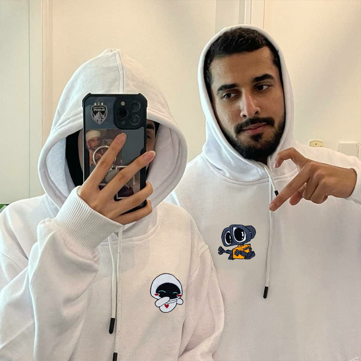 Custom Embroidered Hoodies & Sweatshirts for Couples with Initials, Romantic Cartoon Robot Duo Set