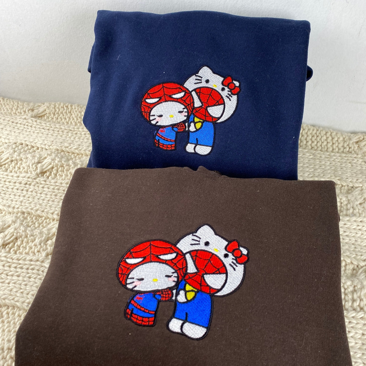 Custom Embroidered Hoodies for Couples. Cute Kitten and Spider Couples Embroidered Hoodies