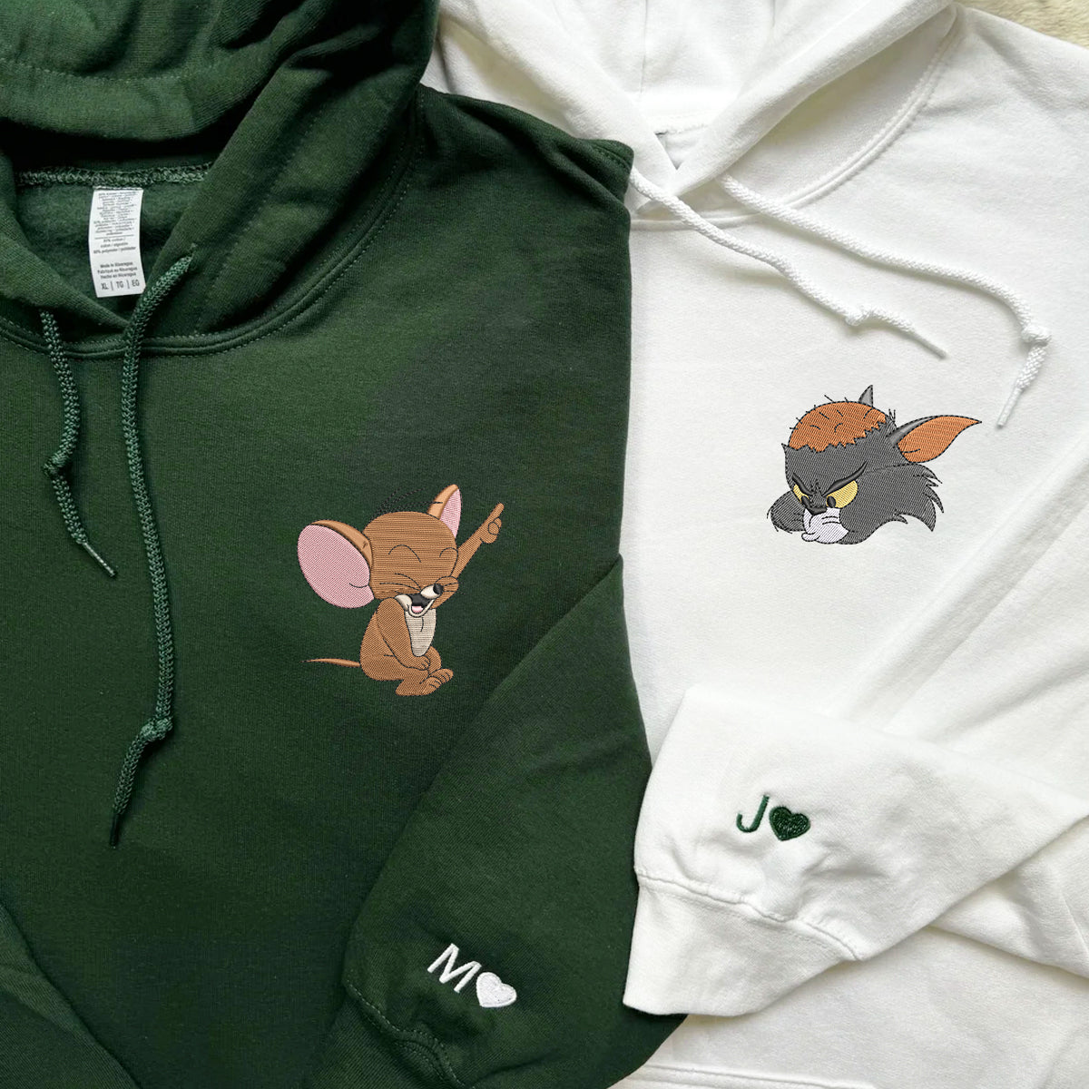 Custom Embroidered Hoodies for Couples, Cute Cartoon Cat and Mouse Matching Couple Hoodie