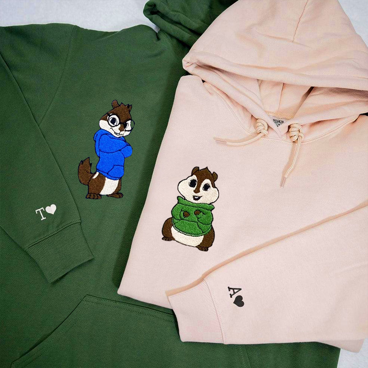 Custom Embroidered Hoodies for Couples, Cute Cartoon Chipmunk Duo Hoodie