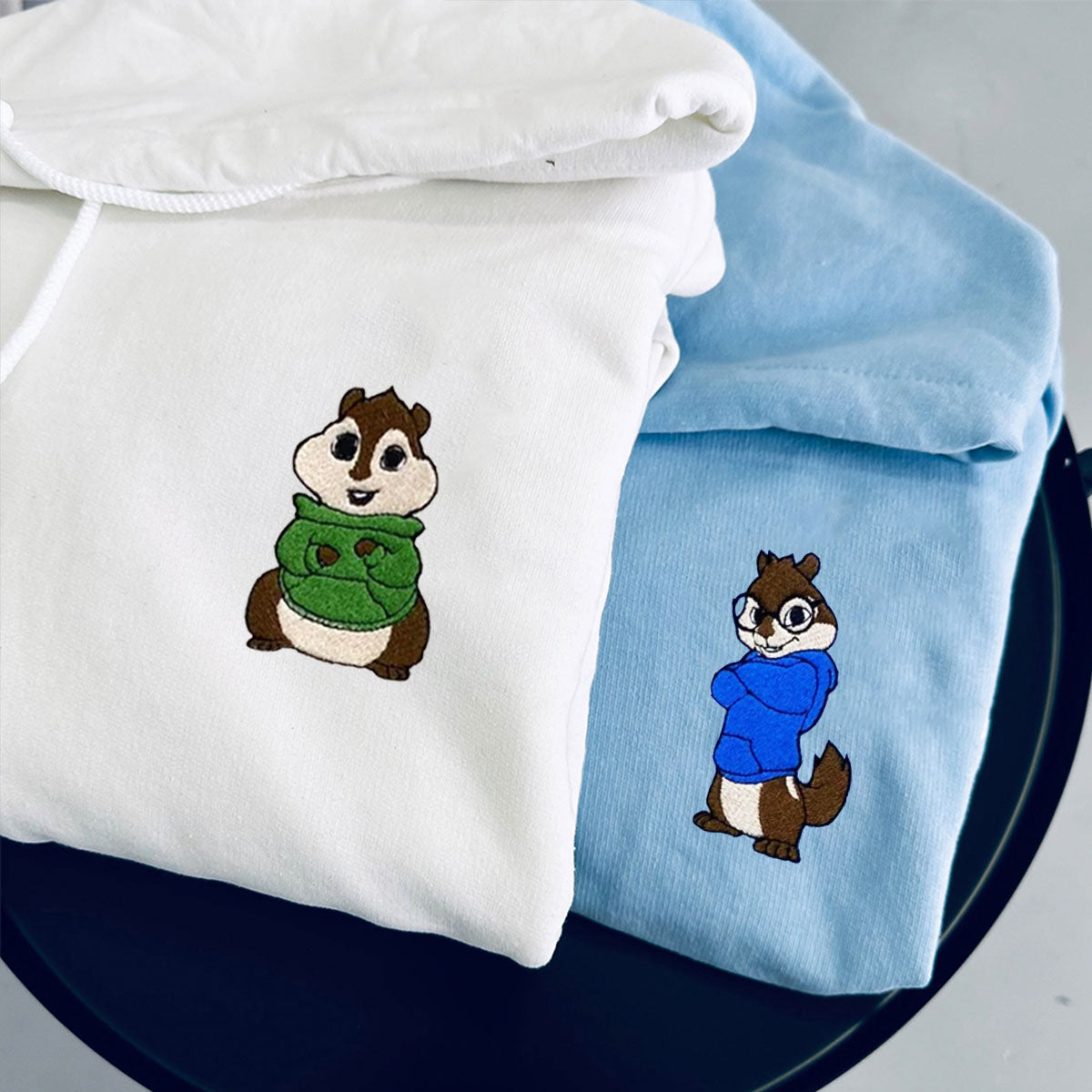 Custom Embroidered Hoodies for Couples, Cute Cartoon Chipmunk Duo Hoodie