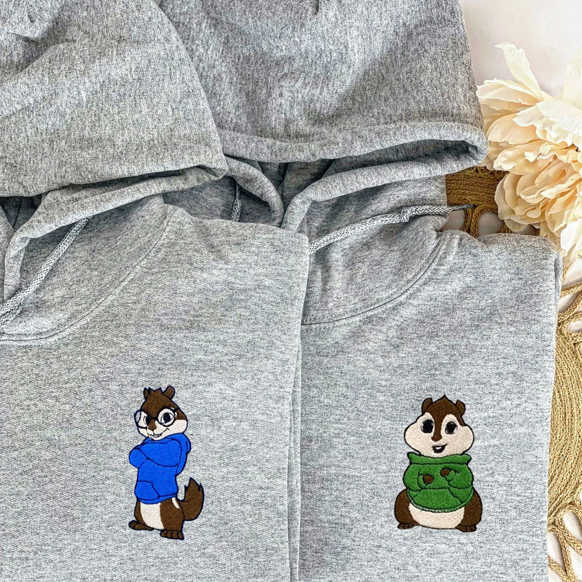 Custom Embroidered Hoodies for Couples, Cute Cartoon Chipmunk Duo Hoodie