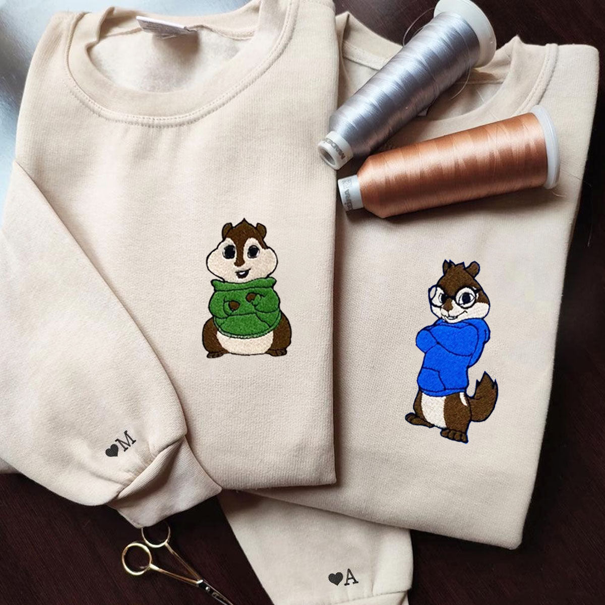 Custom Embroidered Hoodies for Couples, Cute Cartoon Chipmunk Duo Hoodie