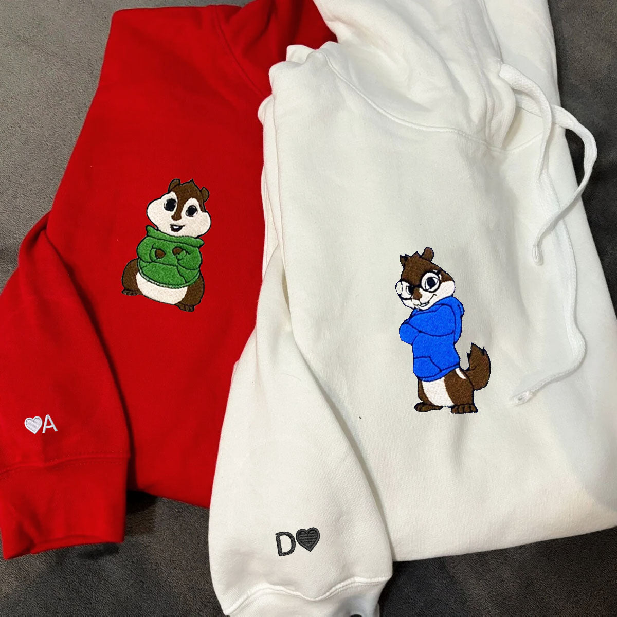 Custom Embroidered Hoodies for Couples, Cute Cartoon Chipmunk Duo Hoodie