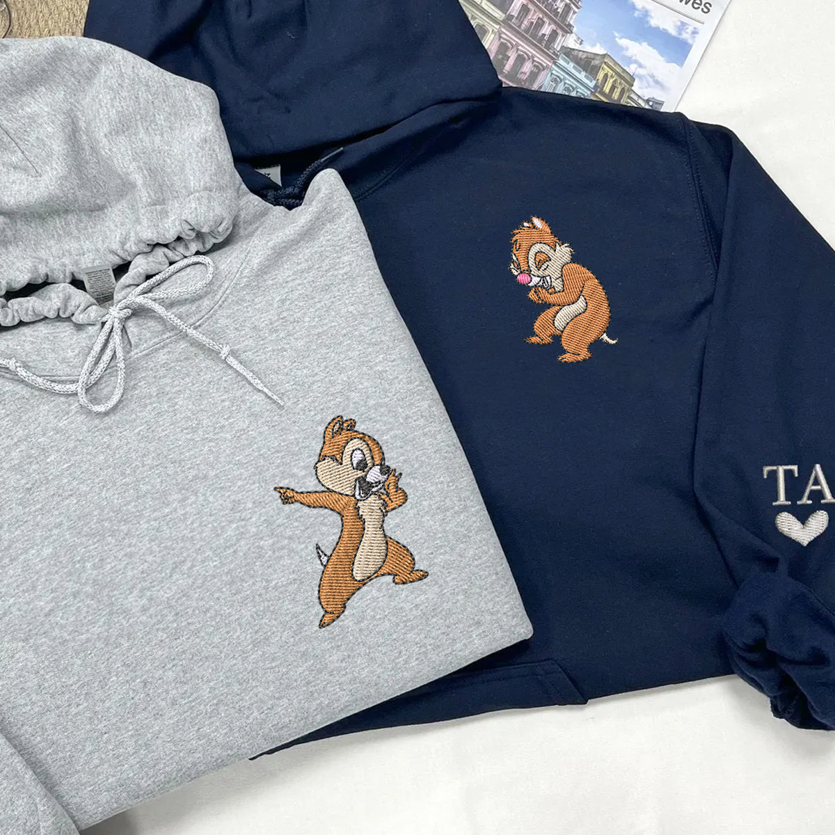 Custom Embroidered Hoodies for Couples, Cute Cartoon Chipmunks Hoodie, Funny Matching Outfit