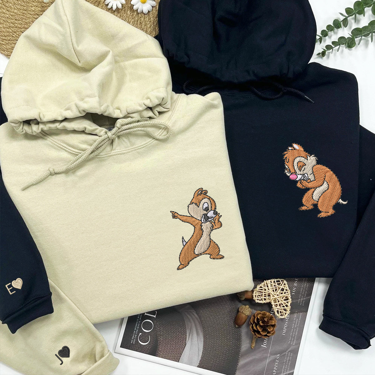 Custom Embroidered Hoodies for Couples, Cute Cartoon Chipmunks Hoodie, Funny Matching Outfit