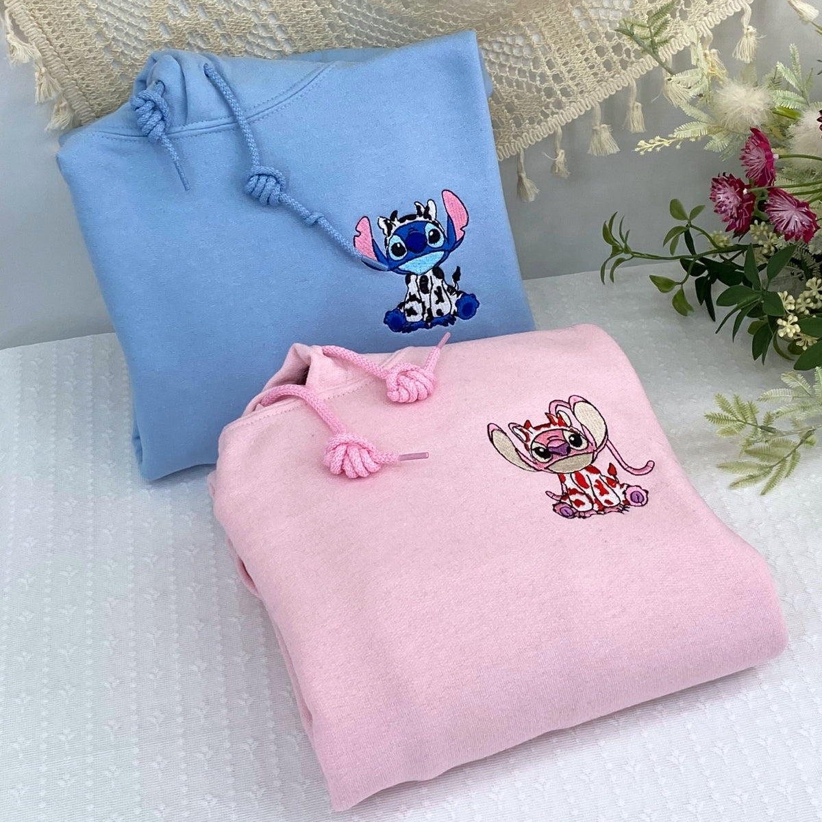 Custom Embroidered Hoodies for Couples, Cute Cow Stitch and Angel Couples Embroidered Hoodie