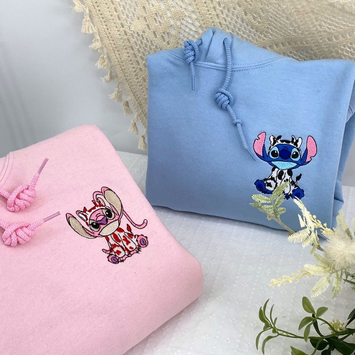 Custom Embroidered Hoodies for Couples, Cute Cow Stitch and Angel Couples Embroidered Hoodie