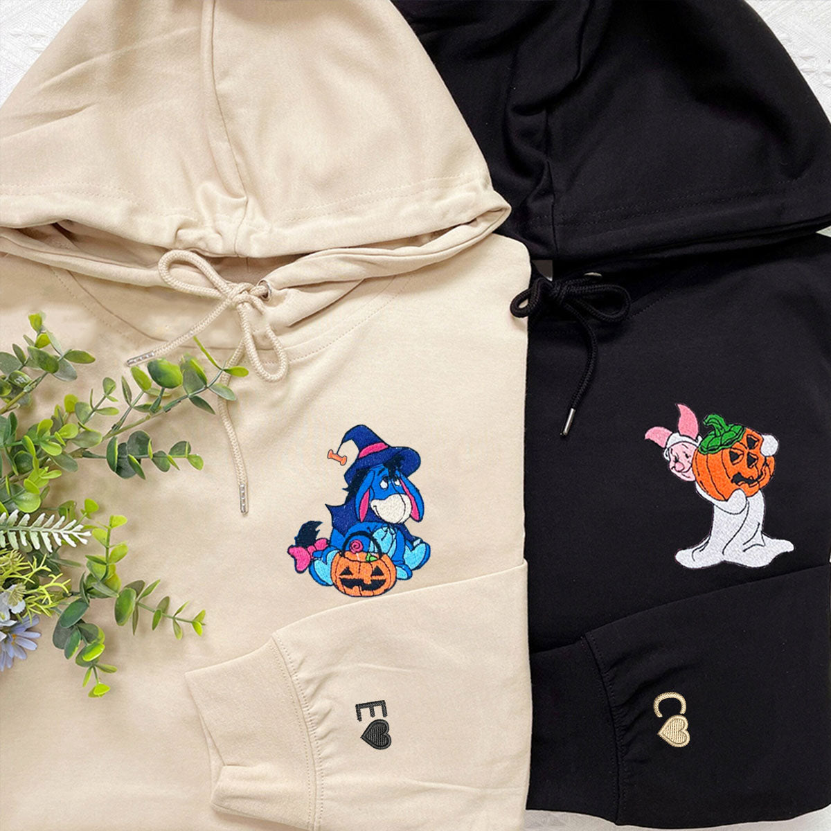 Custom Embroidered Hoodies for Couples, Cute Donkey & Pig Halloween Couples Embroidered Hoodie