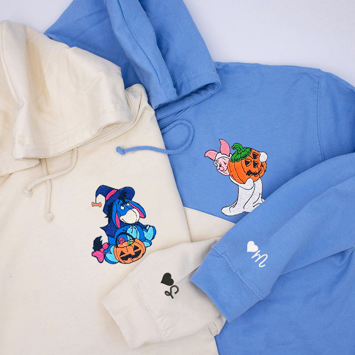 Custom Embroidered Hoodies for Couples, Cute Donkey & Pig Halloween Couples Embroidered Hoodie