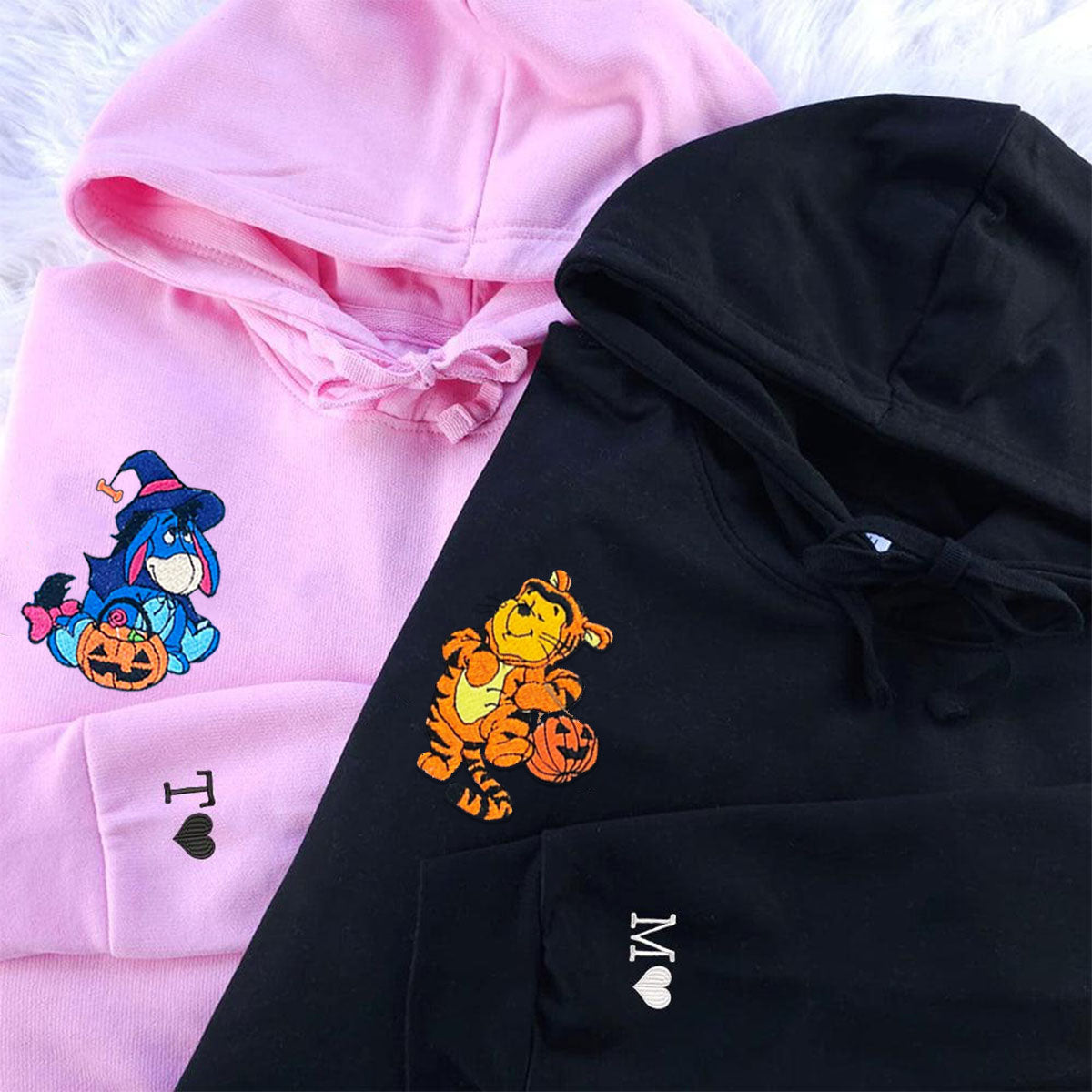 Custom Embroidered Hoodies for Couples, Cute Donkey & Tigger Halloween Couples Embroidered Hoodie