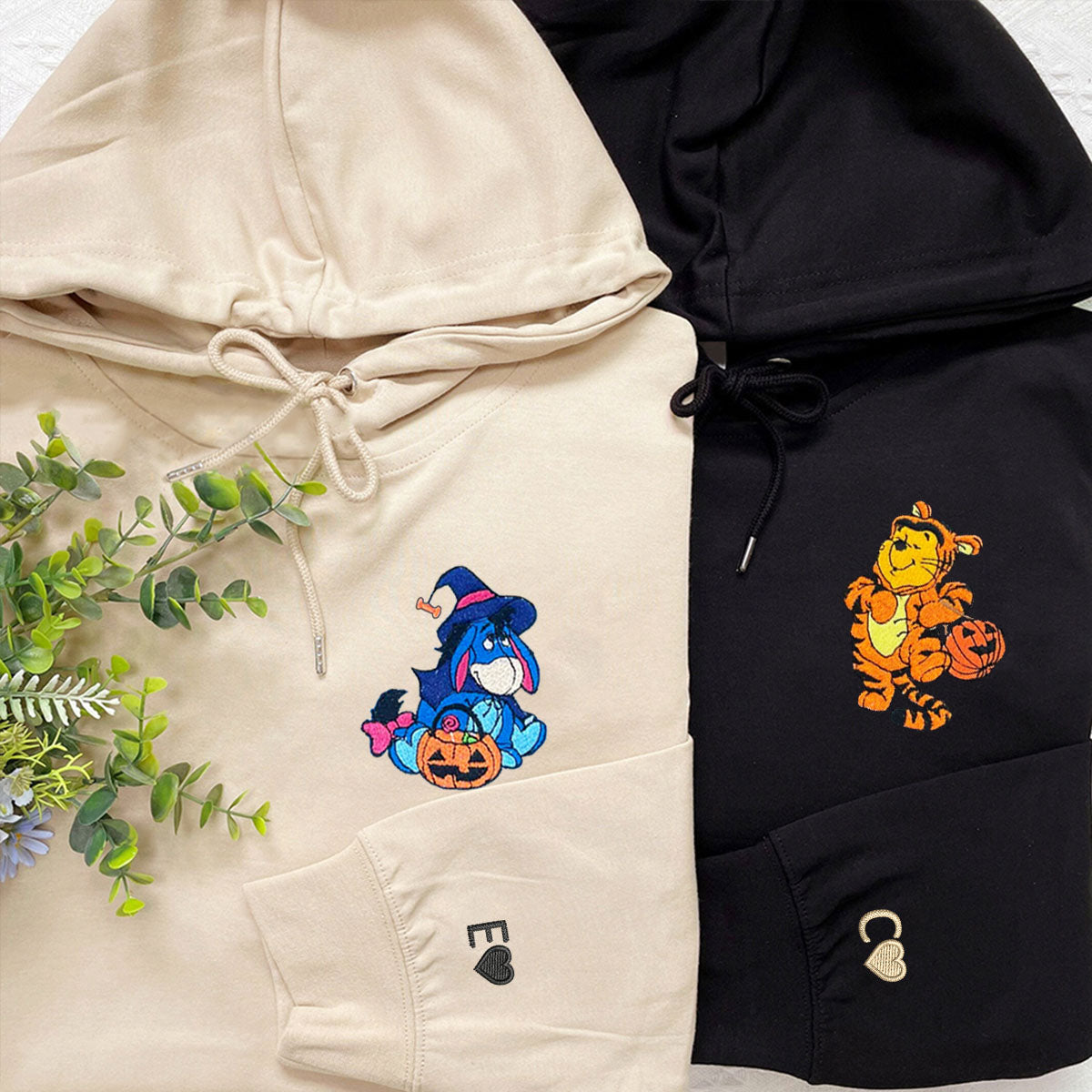 Custom Embroidered Hoodies for Couples, Cute Donkey & Tigger Halloween Couples Embroidered Hoodie