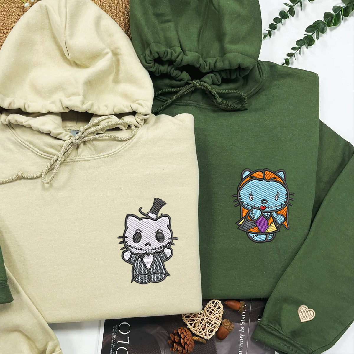 Custom Embroidered Hoodies for Couples, Cute Gothic Cat Duo Hoodie, Matching Couple Outfit