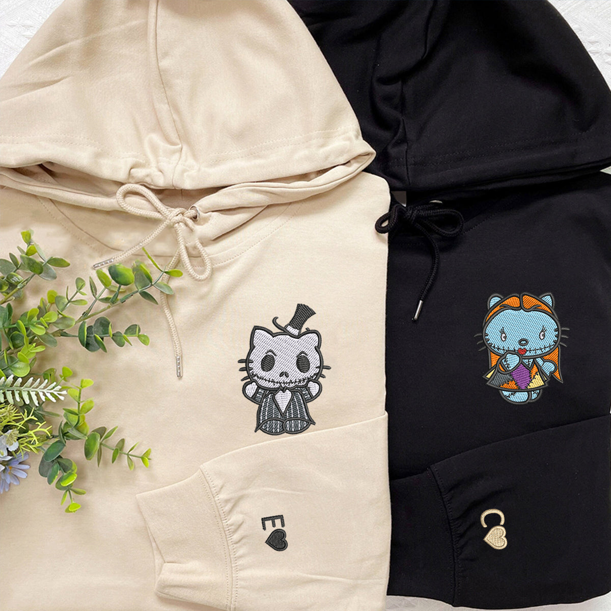 Custom Embroidered Hoodies for Couples, Cute Gothic Cat Duo Hoodie, Matching Couple Outfit